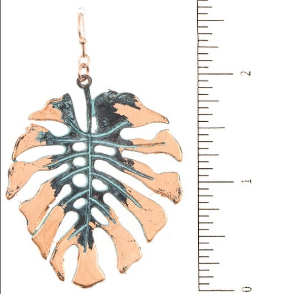 Patina Copper Monstera Palm Leaf Cut Out Earrings - Picture 2 of 2